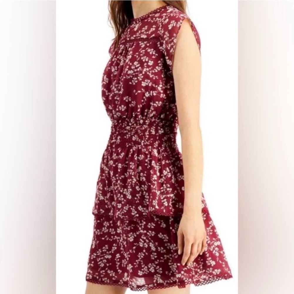 Patterned Burgundy/Cream Layered Dress w/ Flowy Skirt and Short Sleeve (Medium) - Picture 10 of 14